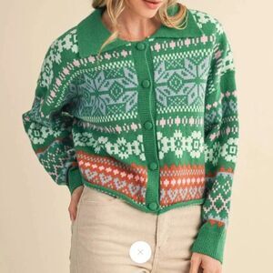 &merci en merci Fair Isle Button Cardigan Sweater Medium Grandmacore Holiday New